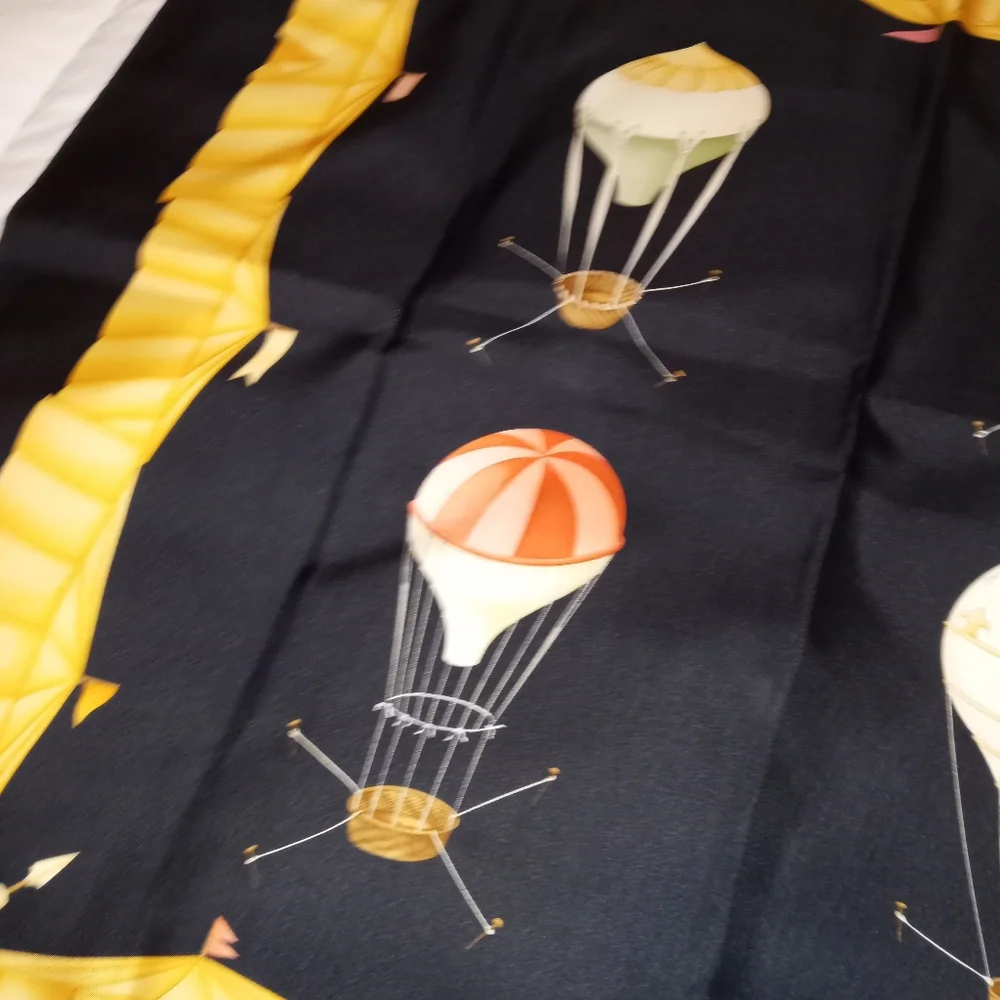 Bulgari Black Silk Scarf with Yellow Border and Multicolor Hot Air Balloons